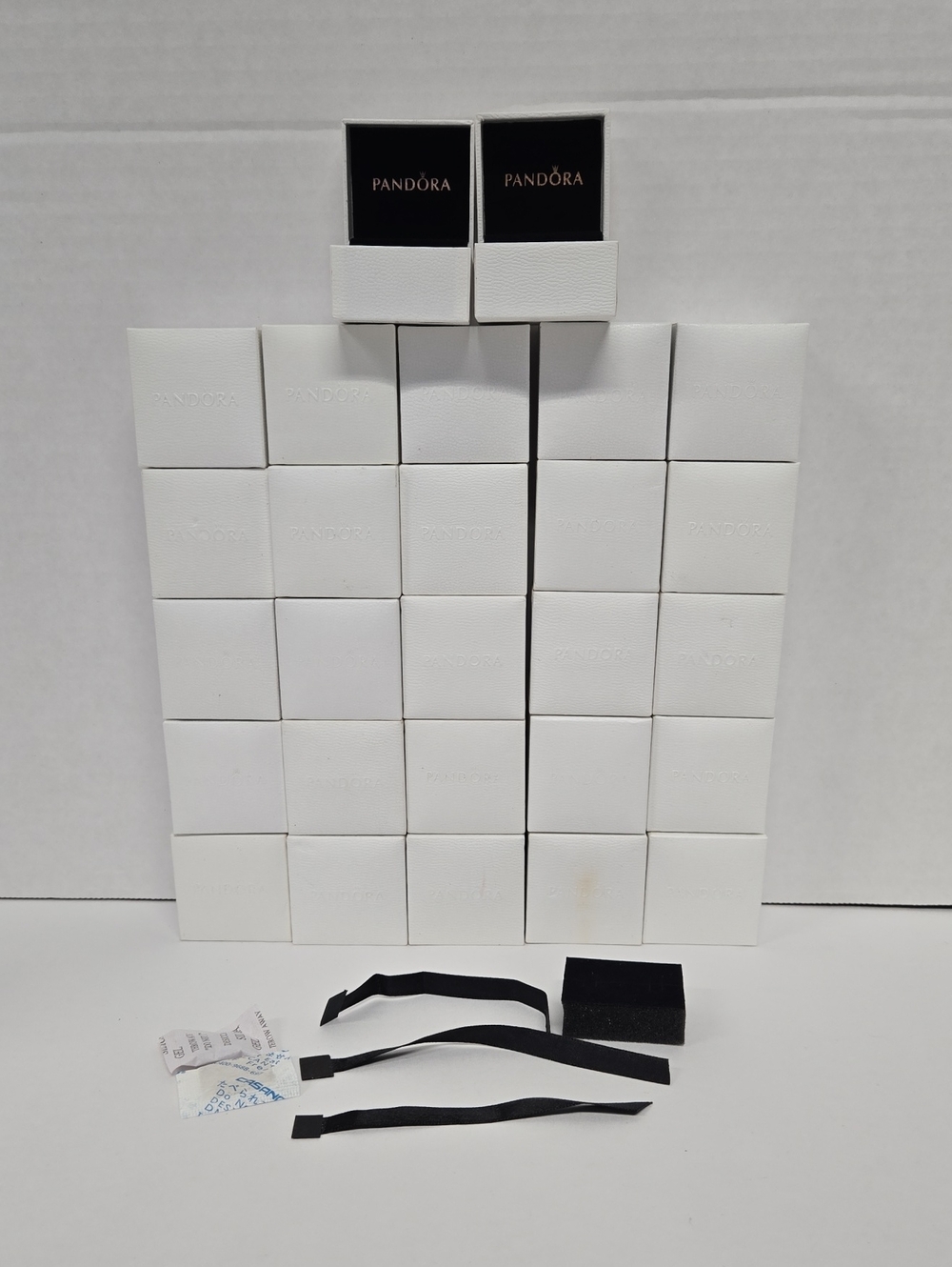 Pandora White Jewelry Boxes with Black Velvet Interior GUC 2"x2"x1 5/8"
